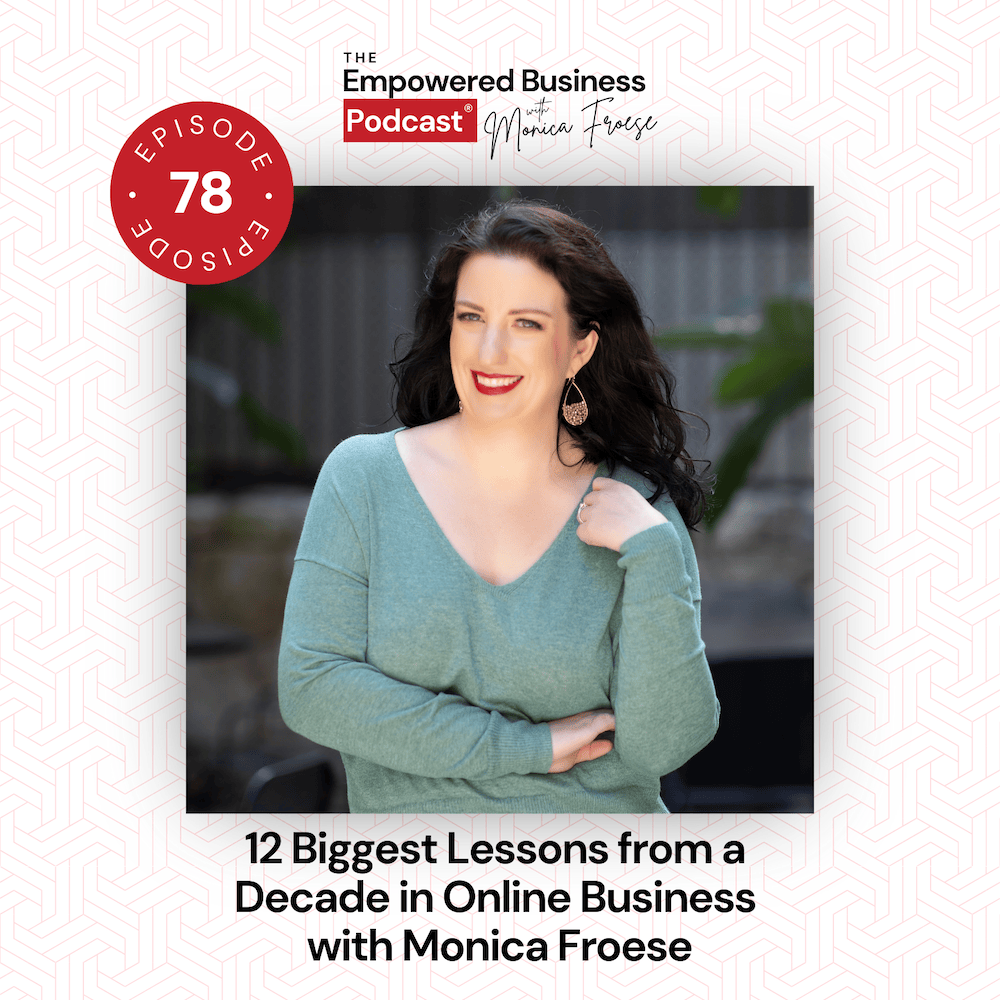 The Empowered Business Podcast with Monica Froese logo plus headshot of Monica and Episode 78 label - text overlay "12 Biggest Lessons from a Decade in Online Business".