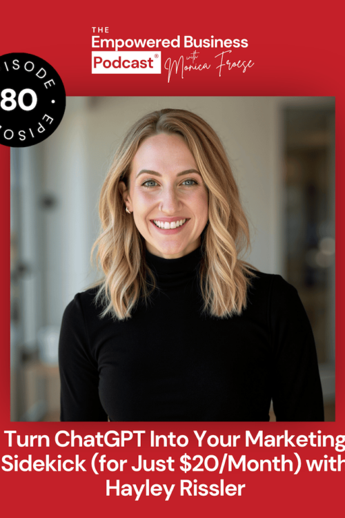 Headshot of Hayley Rissler next to the Empowered Business Podcast episode 80 logo - text "Turn ChatGPT Into Your Marketing Sidekick (for Just $20/month) with Hayley Rissler".