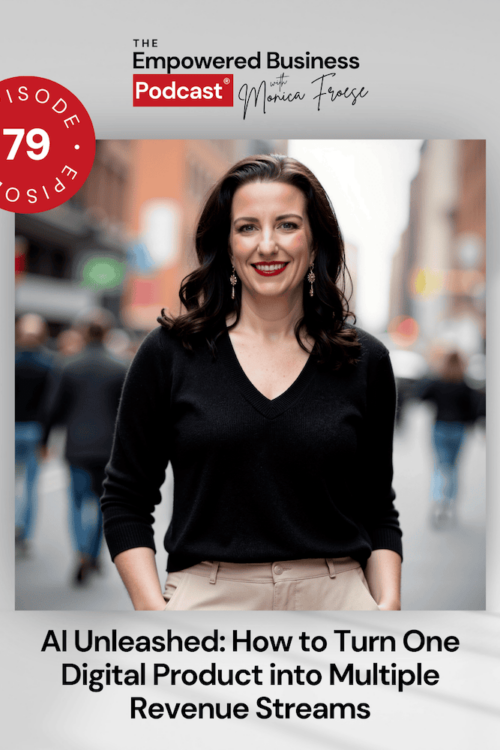 Headshot of Monica Froese next to the Empowered Business Podcast episode 79 logo - text "AI Unleashed: How to Turn One Digital Product into Multiple Revenue Streams".