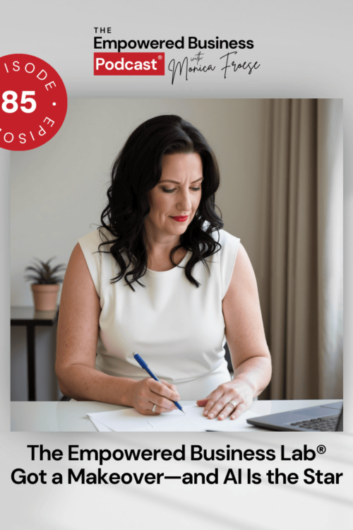 Headshot of Monica Froese next to the Empowered Business Podcast episode 85 logo - text "The Empowered Business Lab Got a Makeover - and AI is the Star".