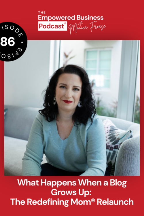 Headshot of Monica Froese next to the Empowered Business Podcast episode 86 logo - text "What Happens When a Blog Grows Up: The Redefining Mom® Relaunch".