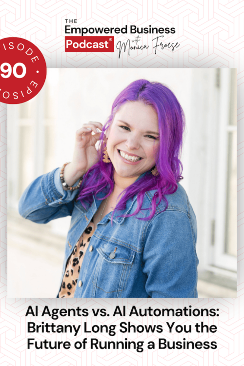 Headshot of Brittany Long next to the Empowered Business Podcast episode 90 logo - text "AI Agents vs. Automations: Brittany Long Shows You the Future of Running a Business".