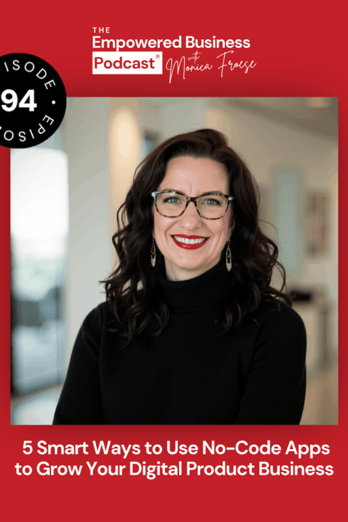 Headshot of Monica Froese next to the Empowered Business® Podcast episode 94 logo and text "5 Smart Ways to Use No-Code Apps to Grow Your Digital Product Business".