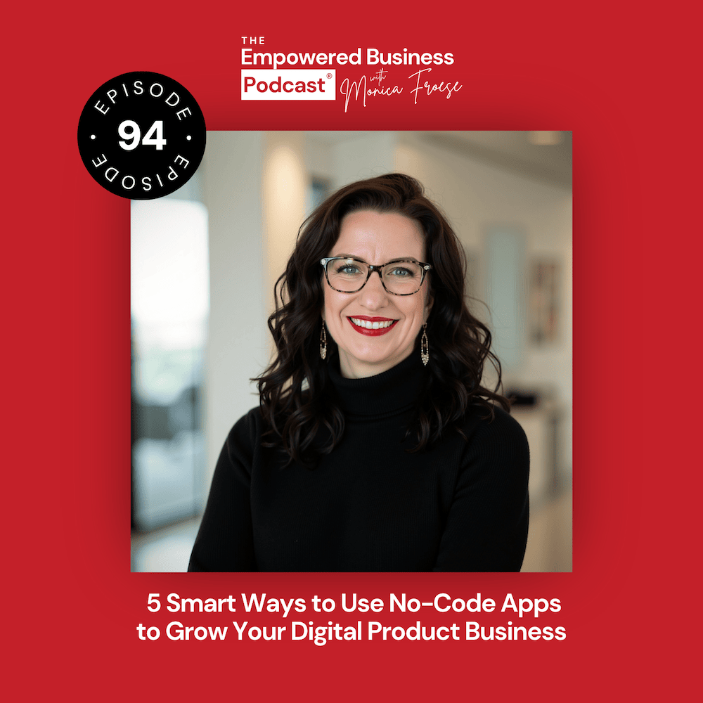Headshot of Monica Froese next to the Empowered Business® Podcast episode 94 logo and text "5 Smart Ways to Use No-Code Apps to Grow Your Digital Product Business".