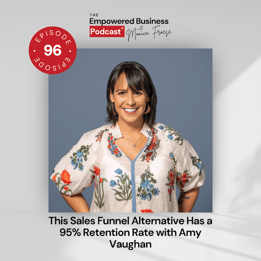 Headshot of Amy Vaughan next to the Empowered Business® Podcast episode 96 logo and text "This Sales Funnel Alternative Has a 95% Retention Rate with Amy Vaughan".