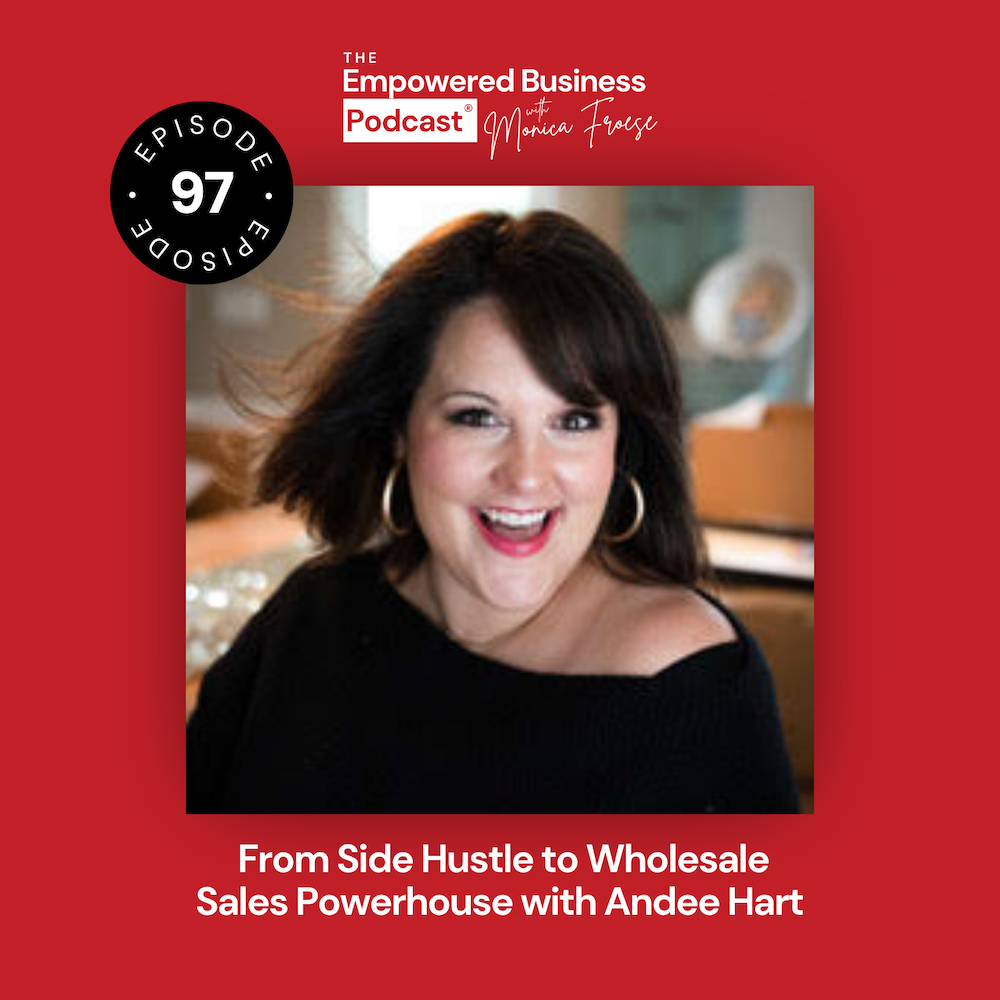 Headshot of Andee Hart next to the Empowered Business® Podcast episode 97 logo and text "From Side Hustle to Wholesale Sales Powerhouse with Andee Hart".