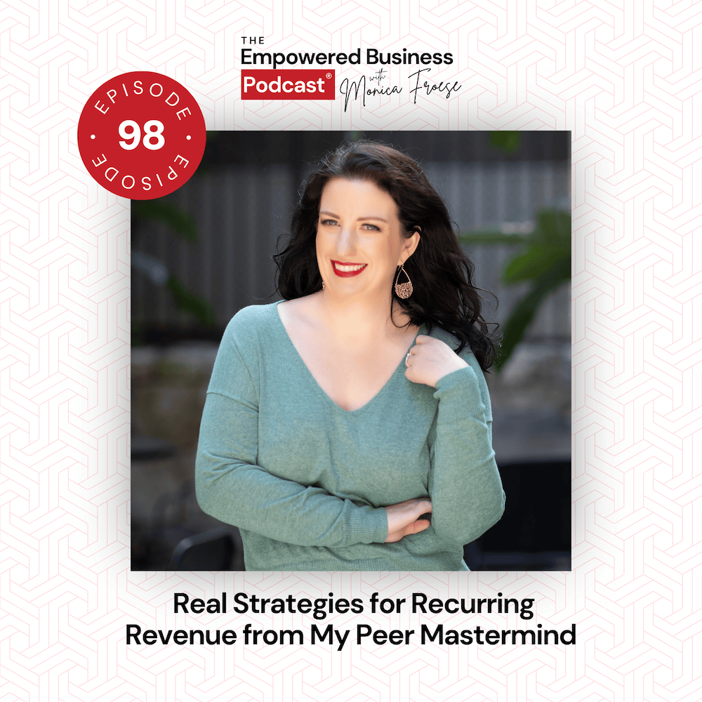 Headshot of Monica Froese next to the Empowered Business Podcast 98 episode graphic - text "Real Strategies for Recurring Revenue from My Peer Mastermind".