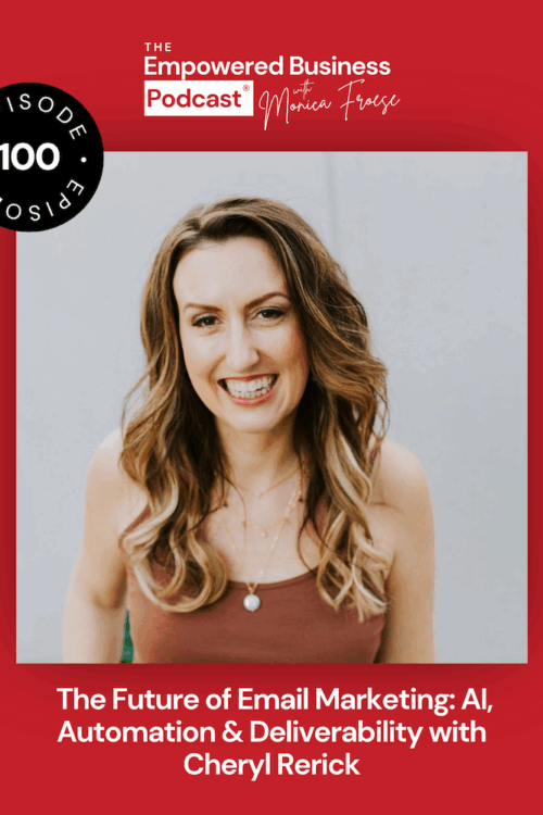 Headshot of Cheryl Rerick next to the Empowered Business Podcast 100 episode graphic - text "The Future of Email Marketing: AI, Automation & Deliverability with Cheryl Rerick".