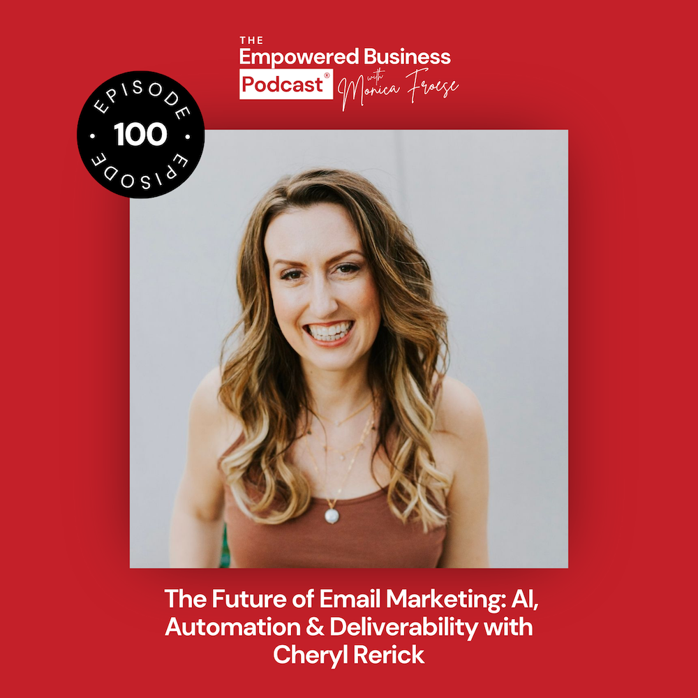 Headshot of Cheryl Rerick next to the Empowered Business Podcast 100 episode graphic - text "The Future of Email Marketing: AI, Automation & Deliverability with Cheryl Rerick".