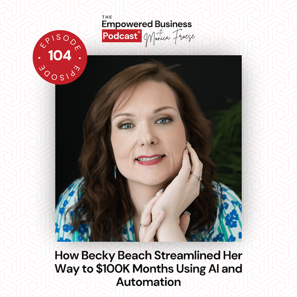 Headshot of Becky Beach next to the Empowered Business Podcast 104 episode graphic - text "How Becky Beach Streamlined Her Way to $100K Month Using AI and Automation".