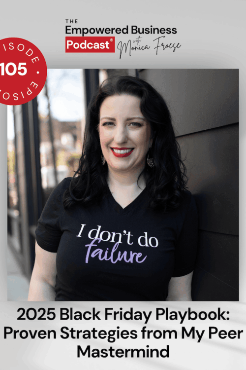 Headshot of Monica Froese next to the Empowered Business Podcast 105 episode graphic - text "2025 Black Friday Playbook: Proven Strategies from My Peer Mastermind".