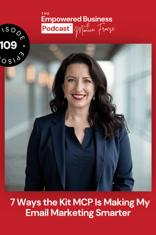 Headshot of Monica Froese next to the Empowered Business Podcast 109 episode graphic - text "7 ways the kit MCP is making my email marketing smarter".