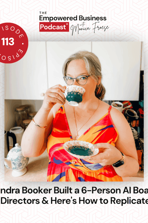 Monica Froese hosting podcast with guest Sandra Booker about AI board replication.