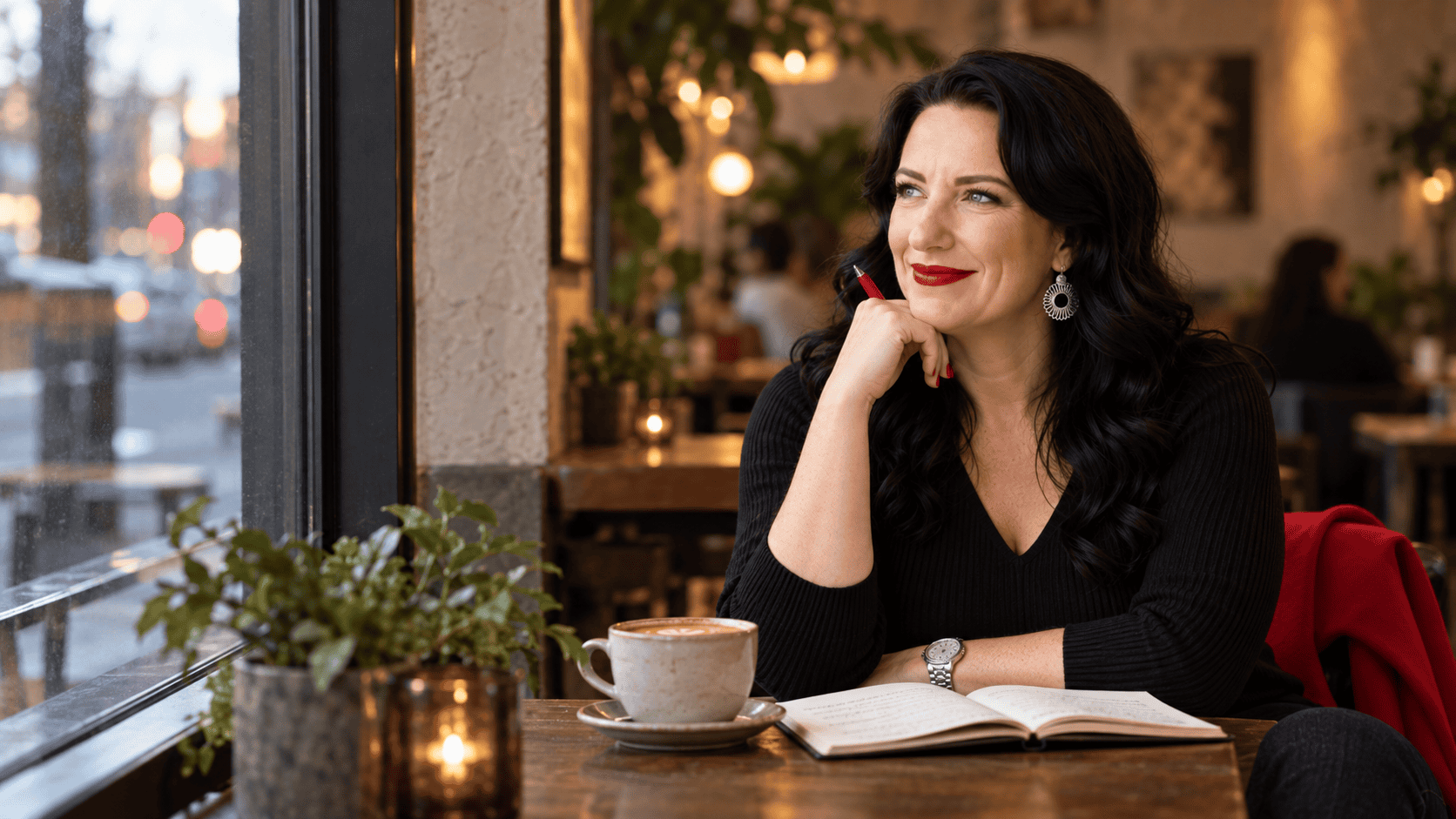 Monica Froese at a café table with a coffee and an open notebook