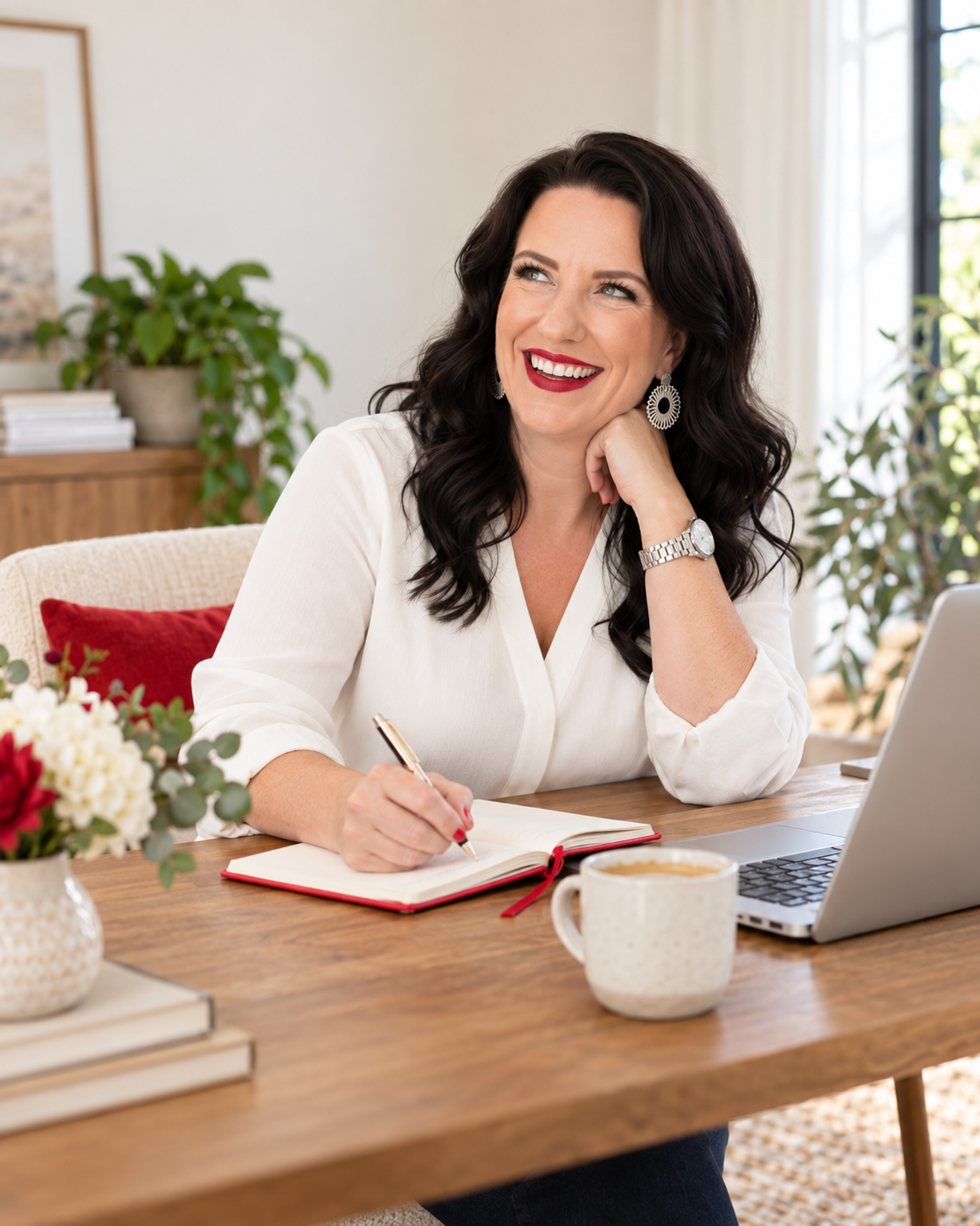 Monica Froese working at her desk with a laptop and notebook